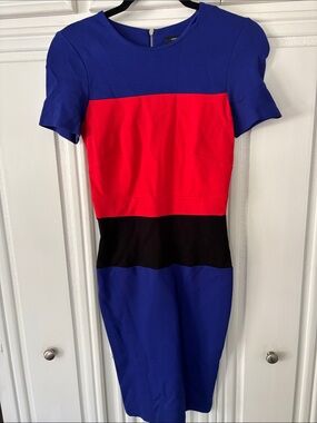 French Connection Blue, Red & Black Colorblock Midi Dress